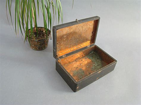 small vintage wooden box with metal lining|Wood Lined Metal Box .